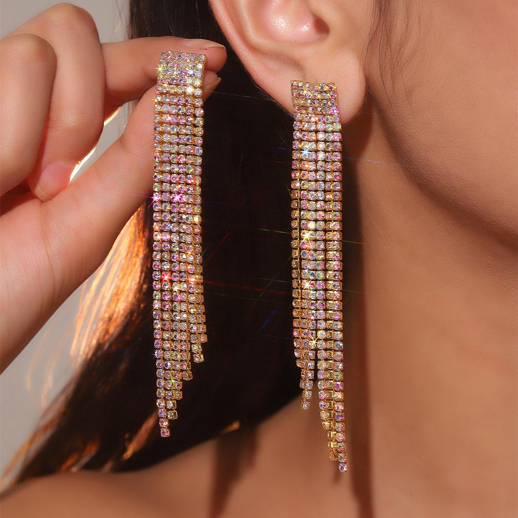 Temperament Luxury Super Flash Rhinestone Long Fringed Earrings