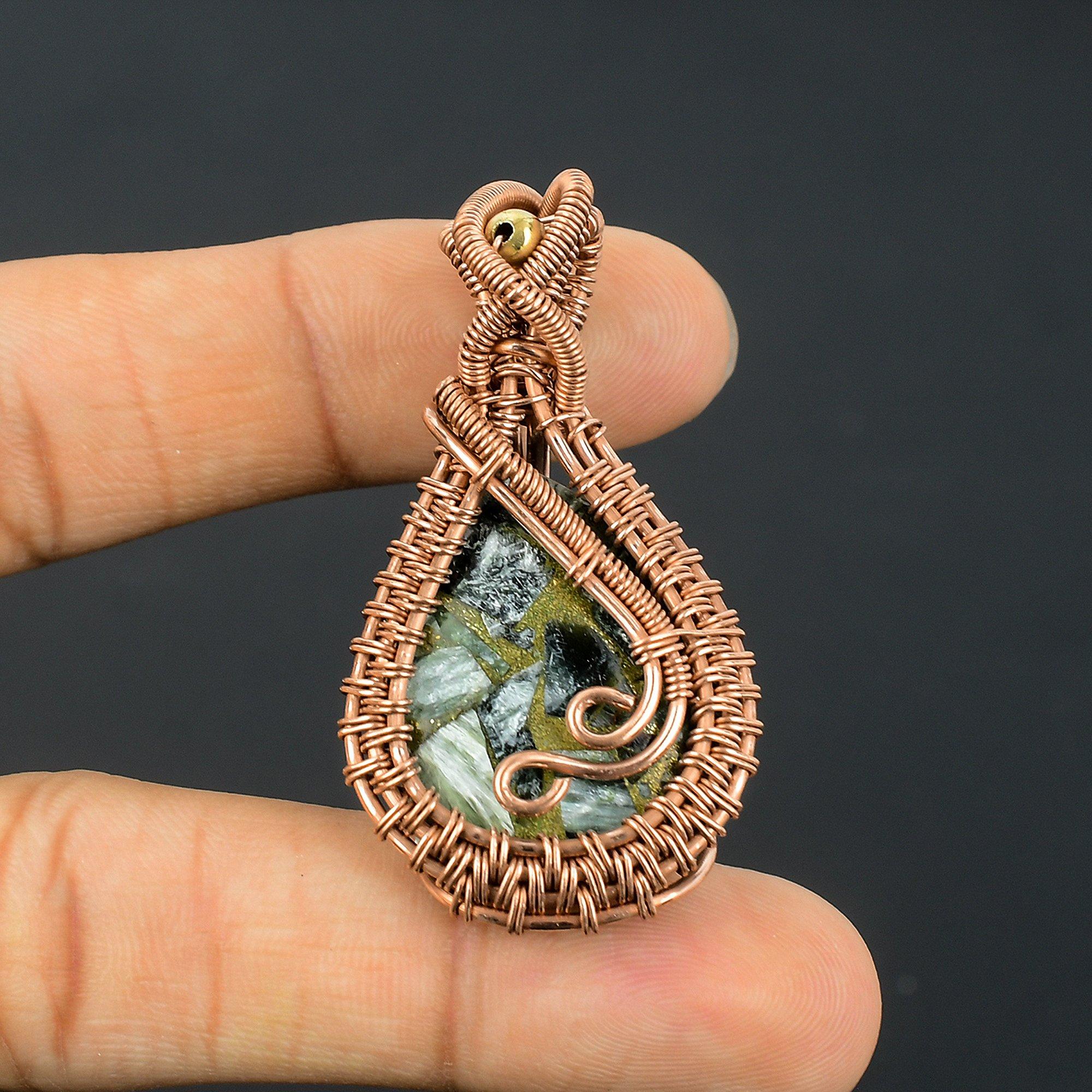 

Copper Seraphinite Pendant, 999 Copper Wire Wrapped Gemstone Jewelry, Handmade Pendant, For Thanksgiving 2.55 Inches