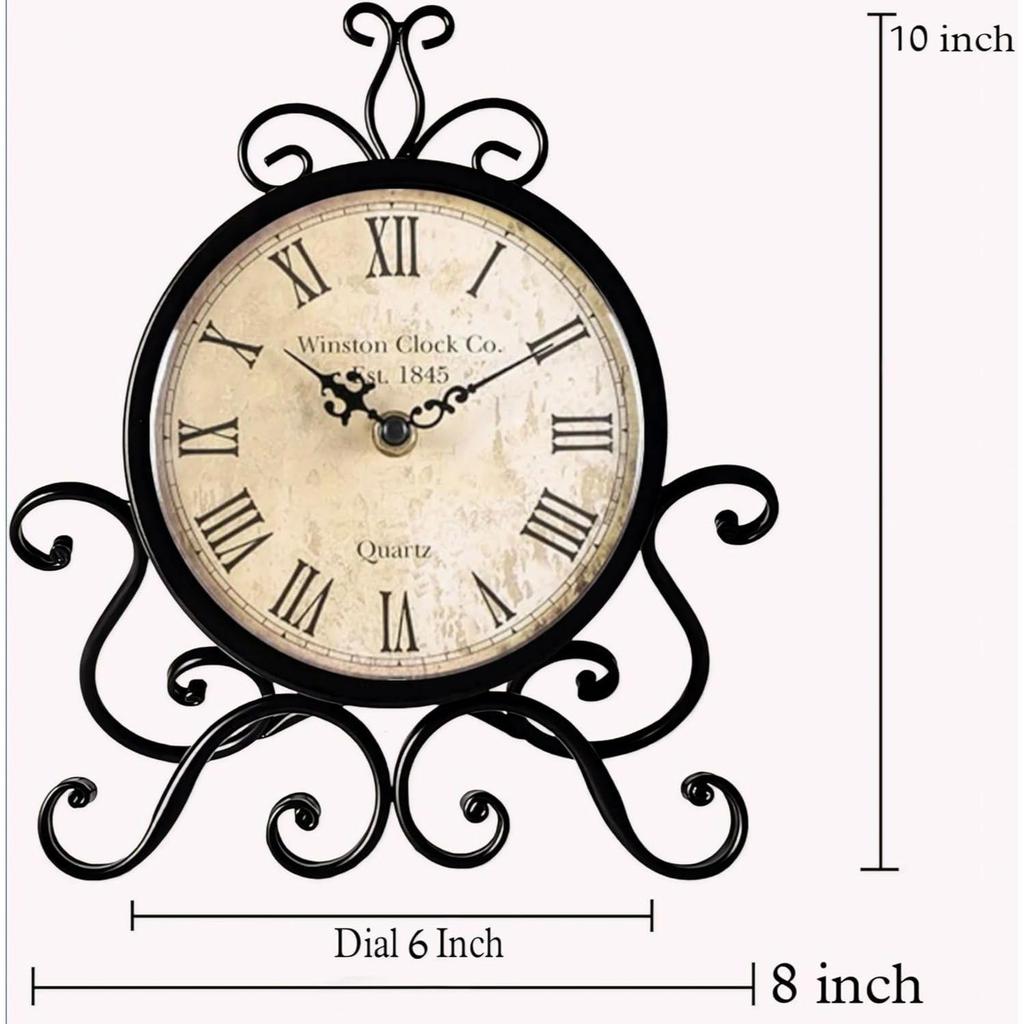 Table Clock Antique Style 10 In Dial 6 In Desk Analog Clock Art Unique for Home Office Decor Iron Metal Glass Colour (Antique) (Black)
