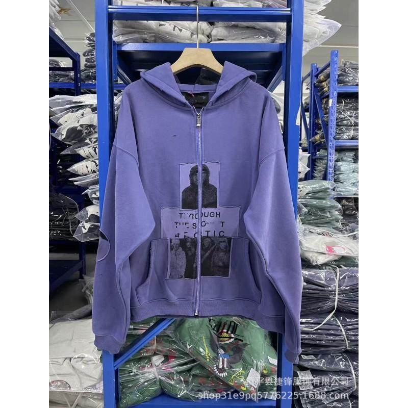 Mens Oversized Hooded Zip-Up Sweatshirt With Graphic Print Cotton Blend Fall Winter Streetwear