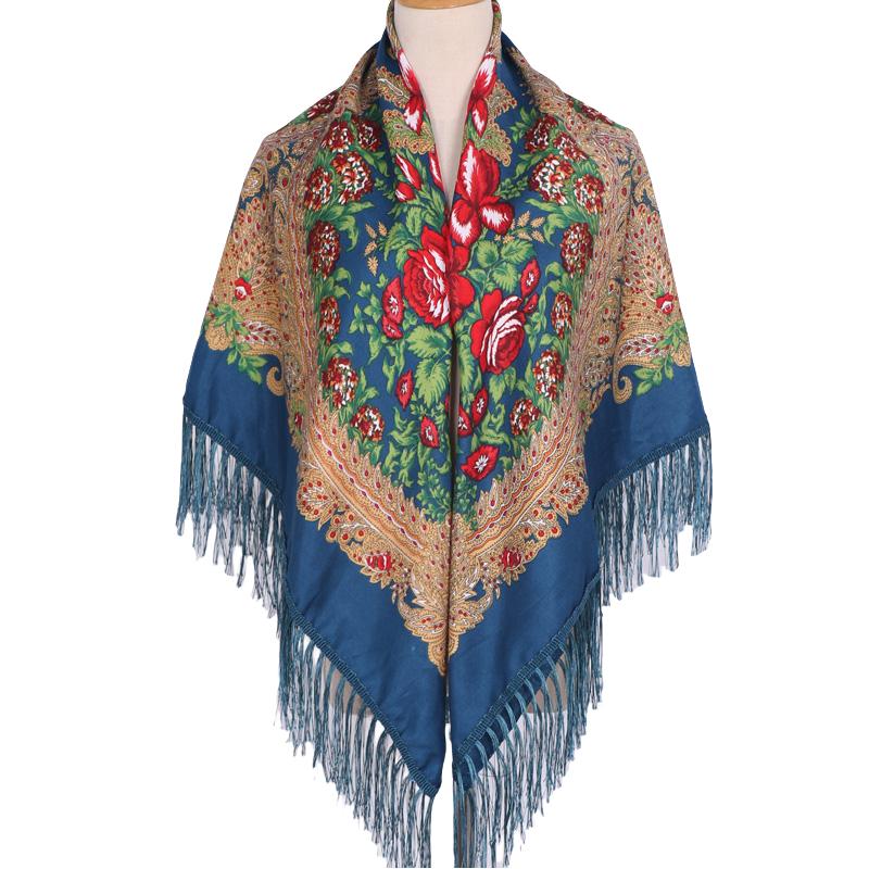 Ethnic Print Tassel Shawl For Women Autumn Winter Warm Square Scarf Bandanas Summer Sun Protection Headscarf Versatile Wrap