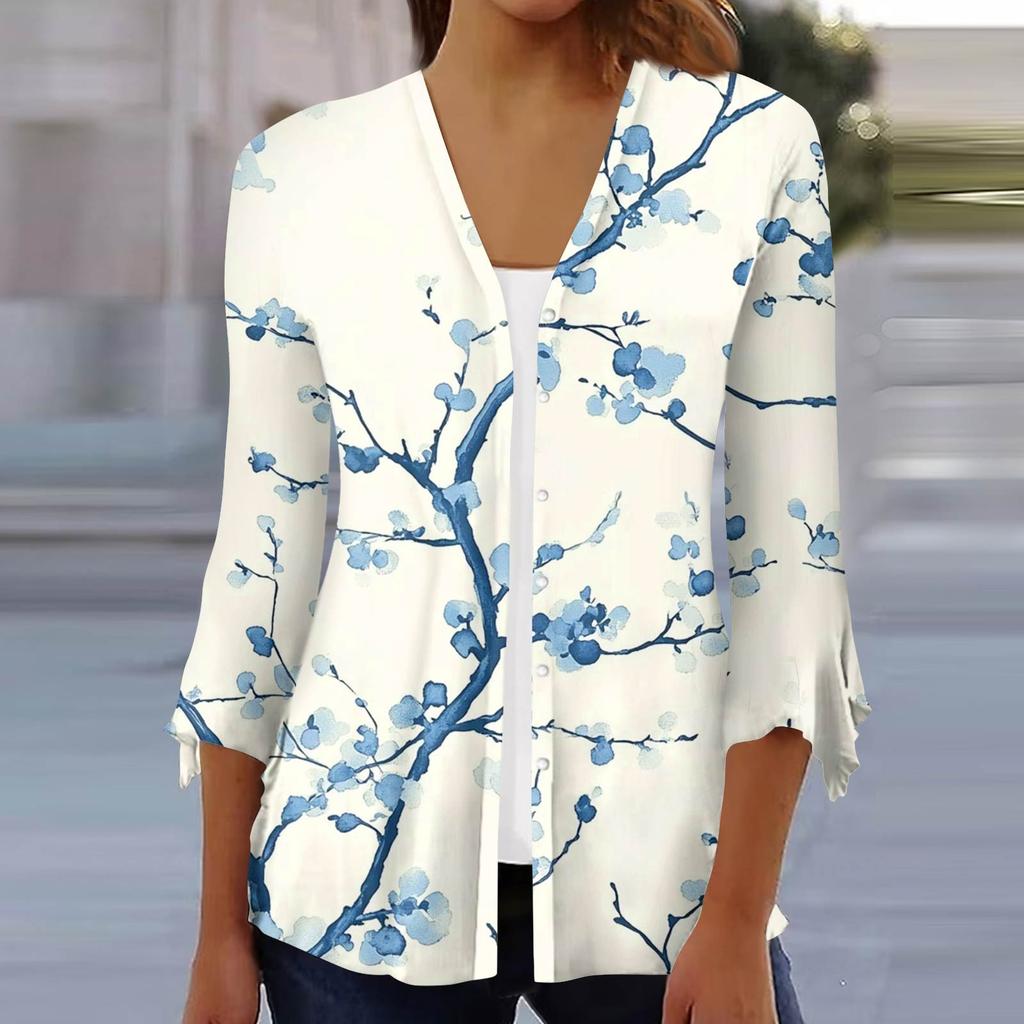 Moda Donna Blusa Cardigan Top Manica a Sette Parti Stampata Casual Ampia