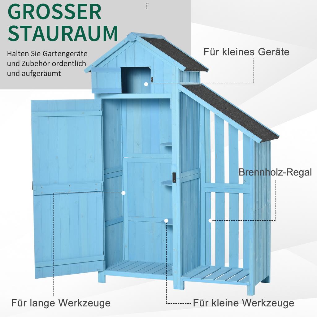 Wooden Shed, Garden Storage Cabinet with Log Store, Waterproof Asphalt Roof and Lockable Door, Narrow Tool Organizer, 130 x 55 x 180 cm