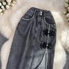 Denim Skirt Women's Summer High-Waisted Mid-Length Cover The Crotch To Show Thin Beaded Split A-Line Hip Skirt