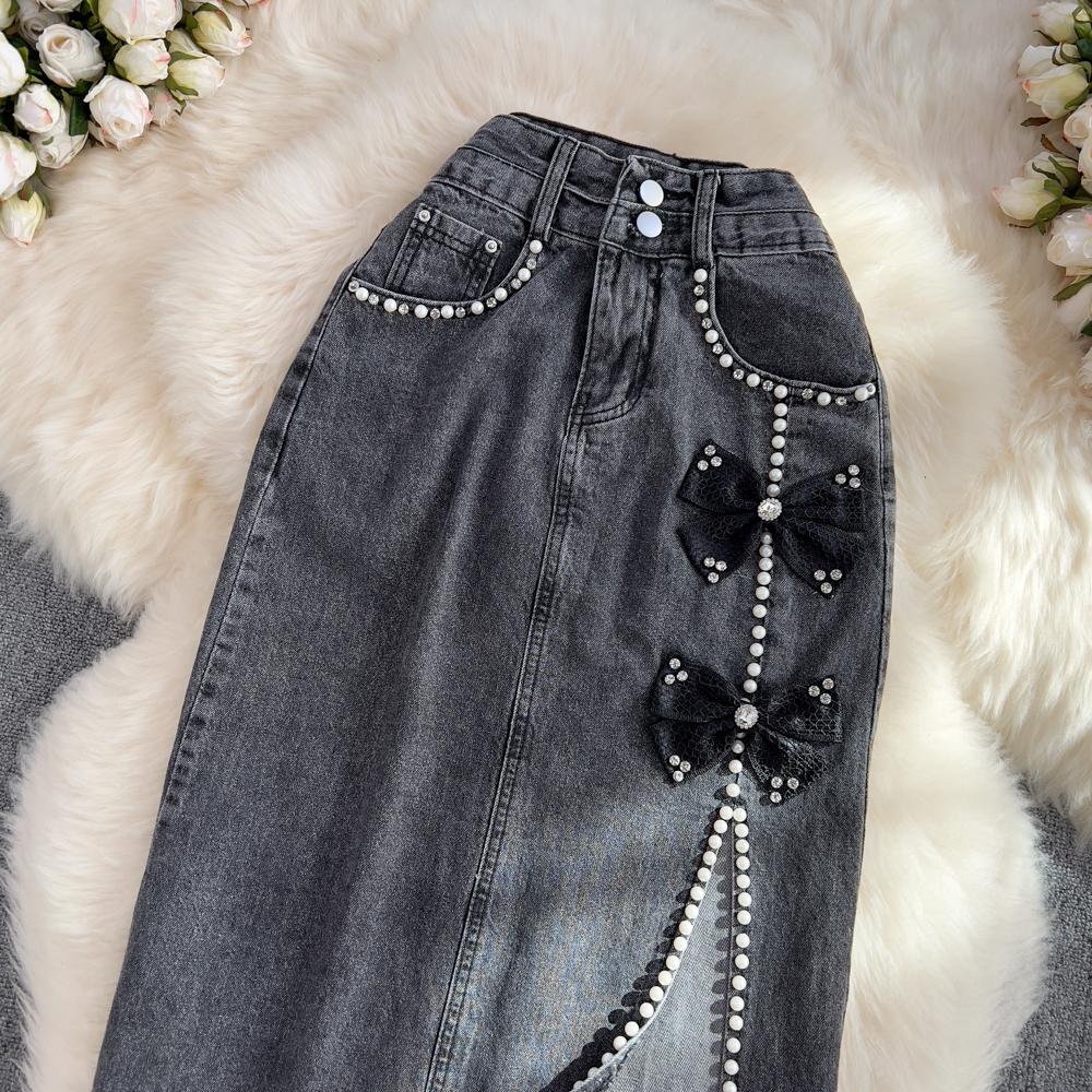 Denim Skirt Women's Summer High-Waisted Mid-Length Cover The Crotch To Show Thin Beaded Split A-Line Hip Skirt
