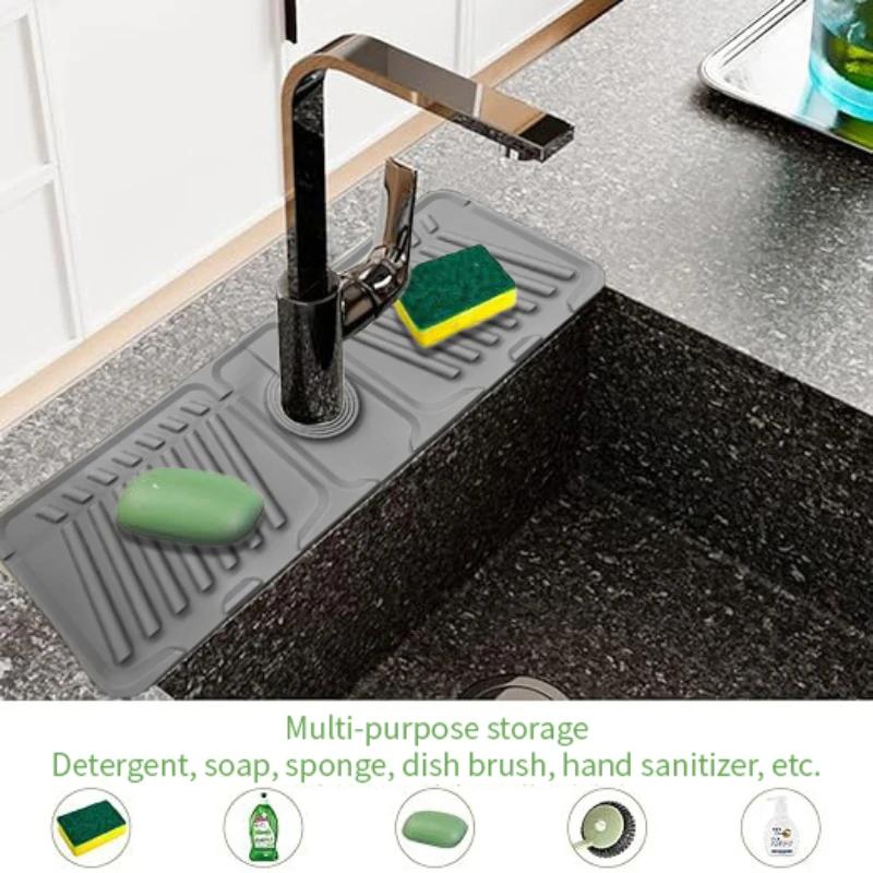 Silicone Faucet Drying Mat, Sloped Drainage & Organizer, Anti Slip Soap Storage Tray Kitchen Faucet Protector