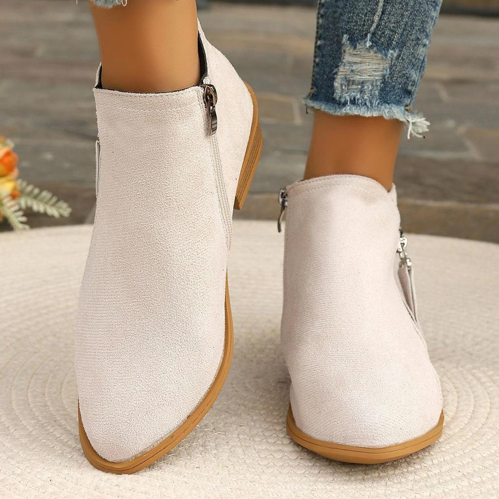 Women's Suede Martin Boots with Thick Low Heels and Side Zipper - Large Size Available
