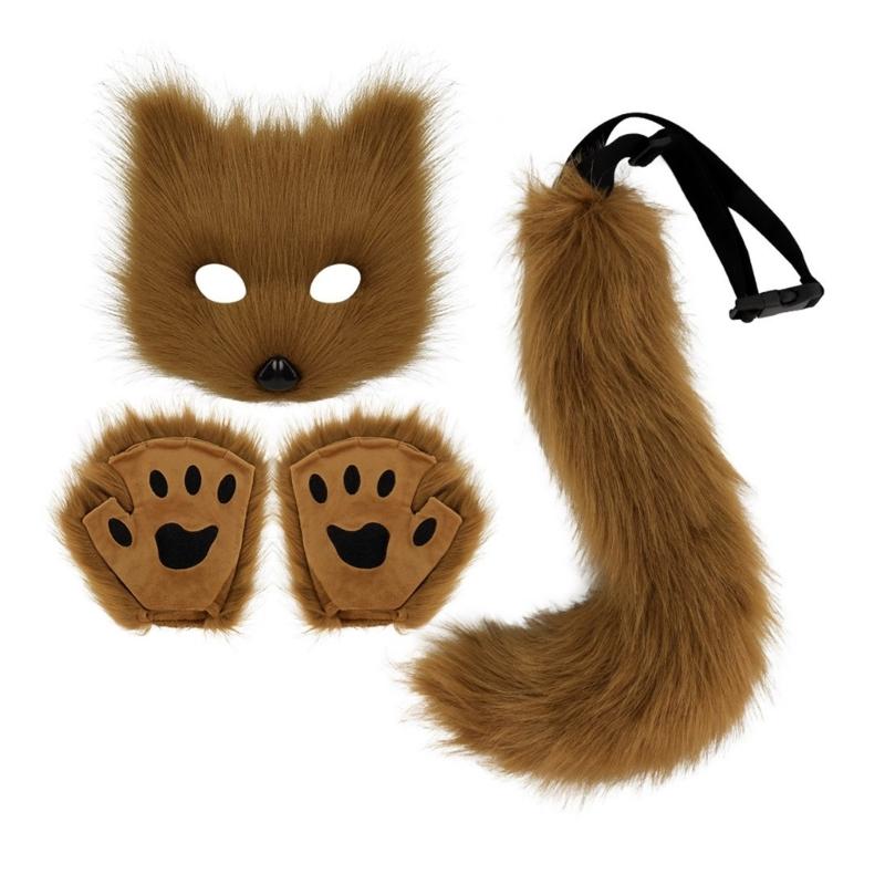Wolf Foxes Costume Set Plush Animal Mask Animal Tail and Glove, Halloween Animal Costume for Kid Adult Halloween Cosplay