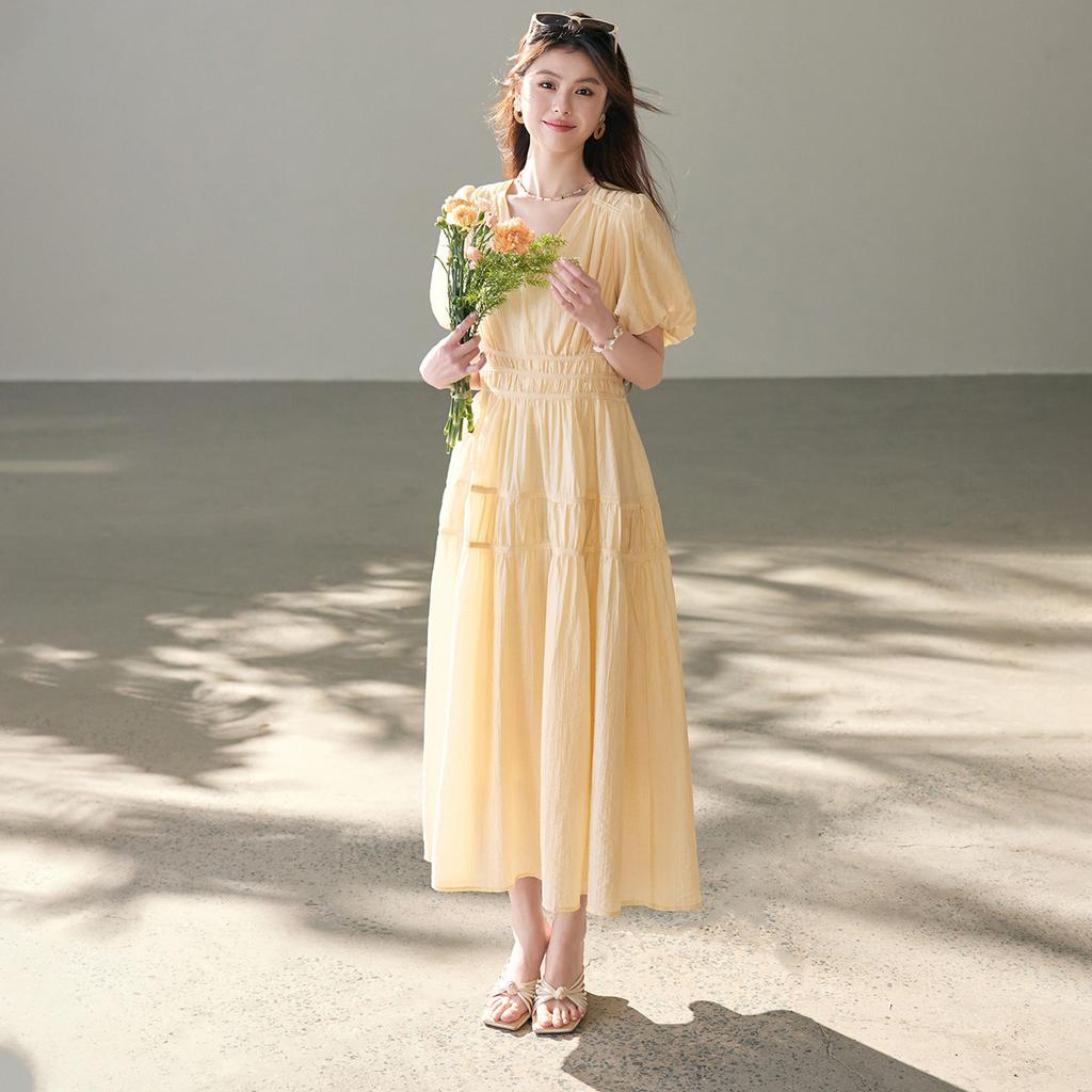 26 Year New Bubble Sleeve Princess Style A-line Skirt, Elegant and High-end Summer Dress, V-neck Slimming Fairy Dress, Dress