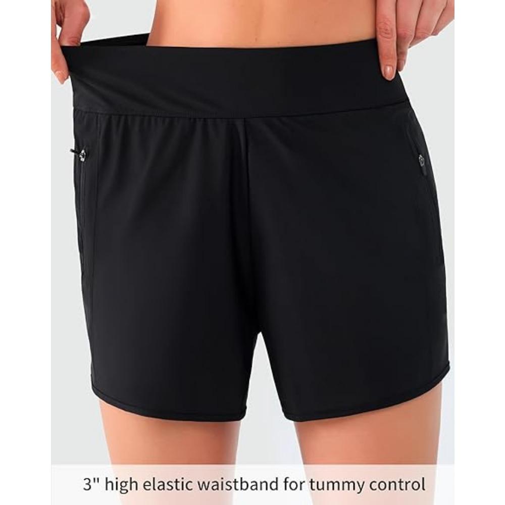 CHARMLEAKS Women's 3" High Waisted Swim Shorts with Zipper Pockets Quick Dry Board Shorts Swimsuit Bottoms Built-in Brief
