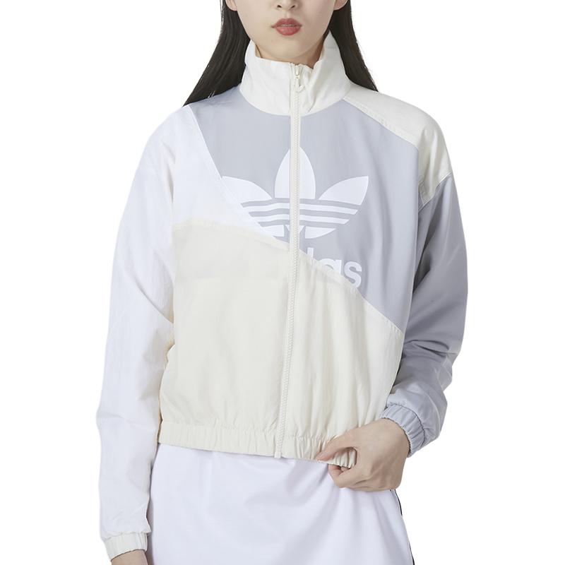 adidas Originals SS22 Color Block Großes Logo Polokragen Gewebte Sport-Kurzjacke Damenjacken Gelb Weiß HC7054
