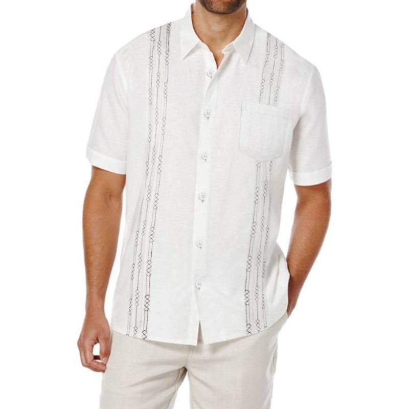 Mens Cuban Guayabera Shirt Linen Blend Short Sleeve Embroidery Casual Top S белый