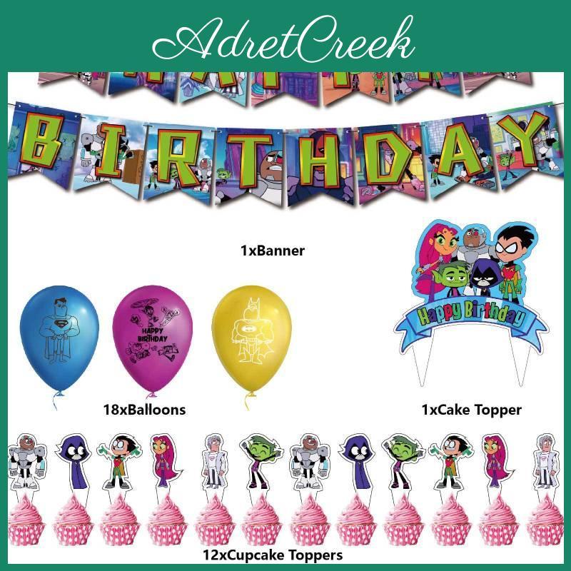 Festive Teen Titans Go Banner Cake Topper Set Vibrant Cartoon Design 32pcs Eco-friendly Materials