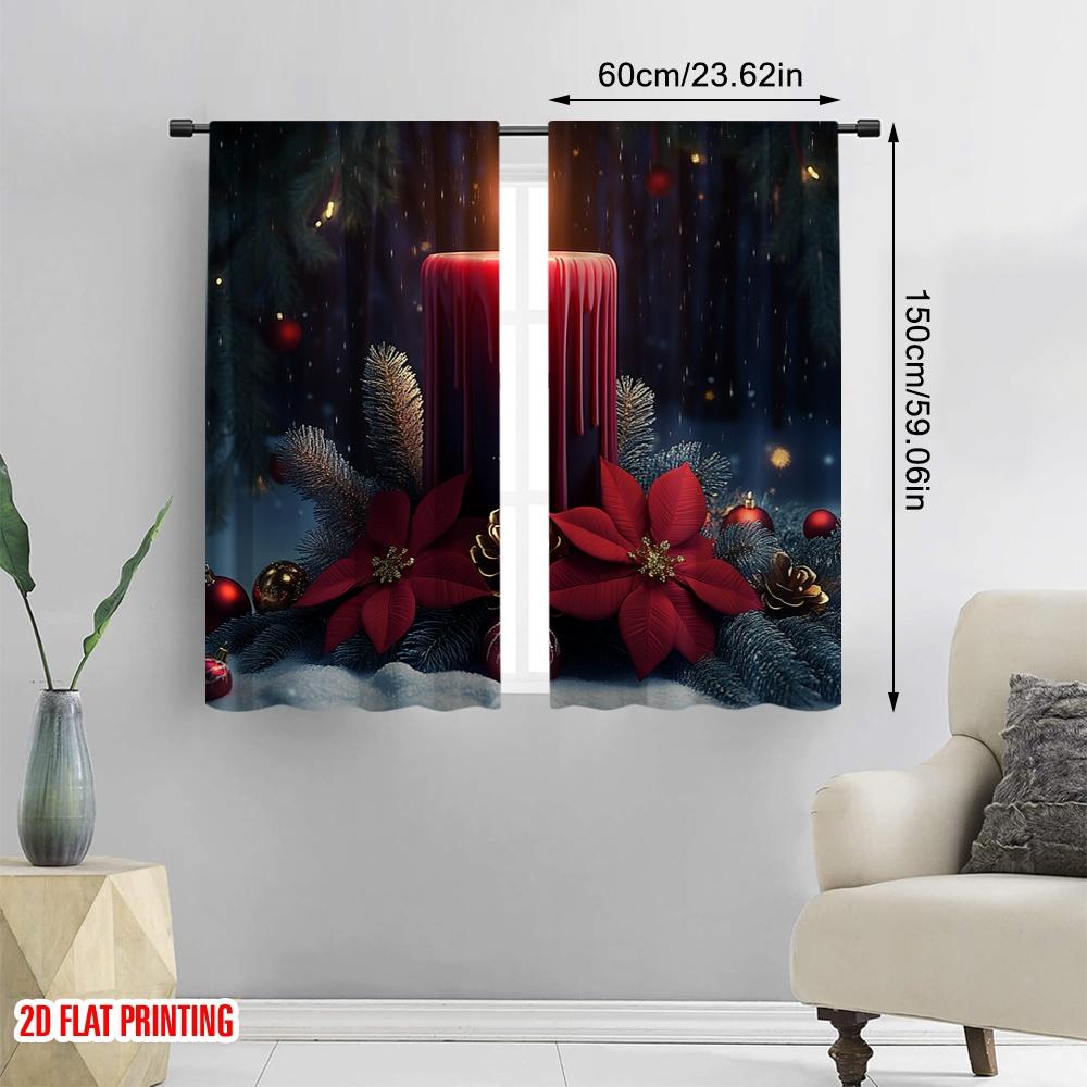 2pcs,2D Plane Printing Curtain Popular Candle Christmas Poinsettia Wreath (2) Durable Polyester (without Rod) Decorations Inside