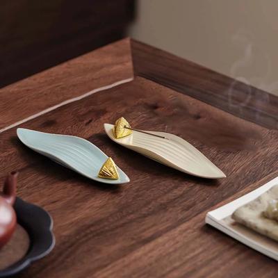 Boat Shape Zongzi Incense Holder Mini with Zongzi Leaf Base Incense Stick Burner Zen Style Traditional Aromatherapy Ornament