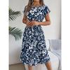 QICED Spring Summer Elegant Floral Short-sleeved Wide-swing Pleated Dress for Women's Wear