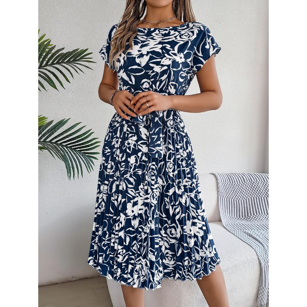 QICED Spring Summer Elegant Floral Short-sleeved Wide-swing Pleated Dress for Women's Wear