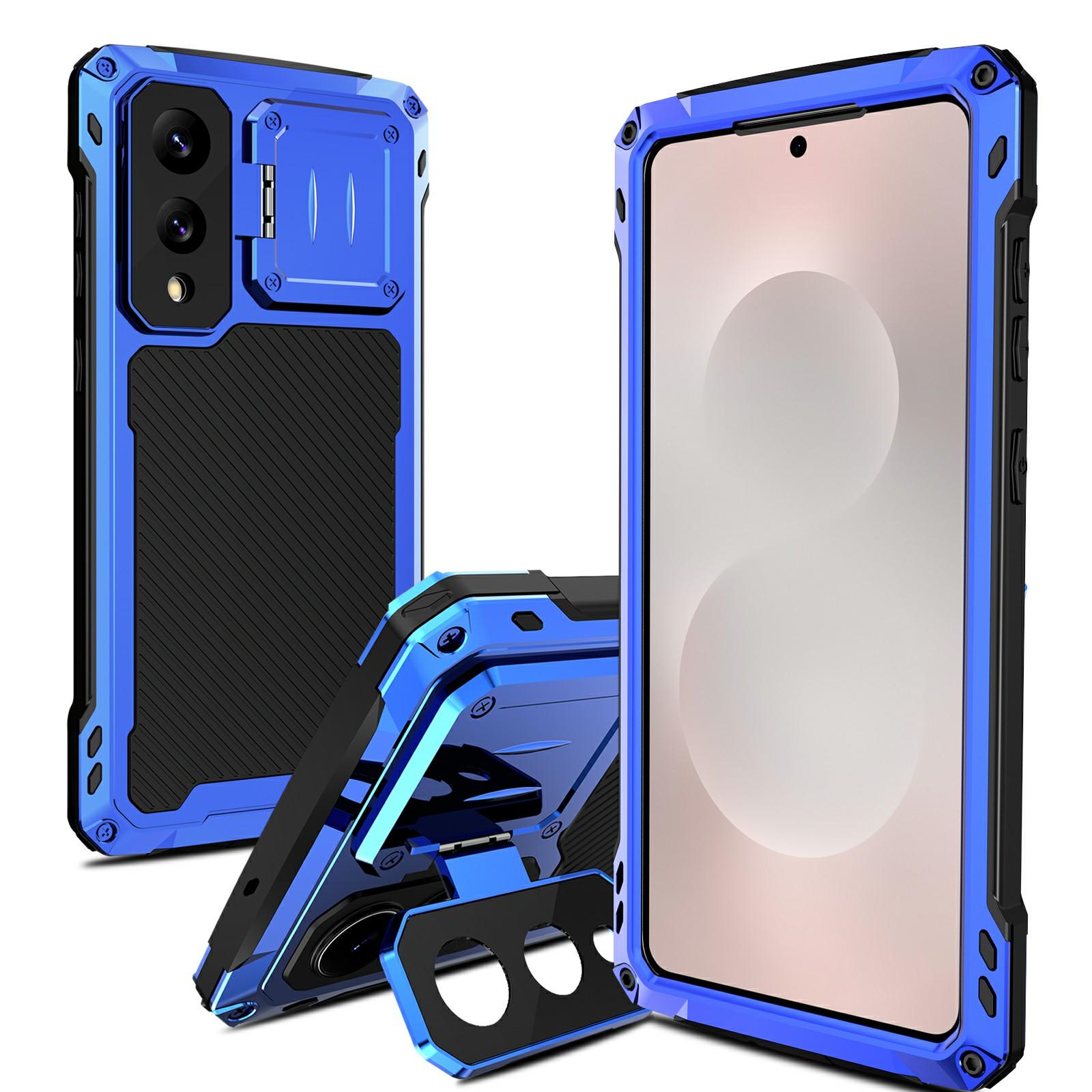 

For Samsung Galaxy S25 Edge Case Aluminum Alloy+Silicone Lens Kickstand Phone Cover with Tempered Glass Film Blue