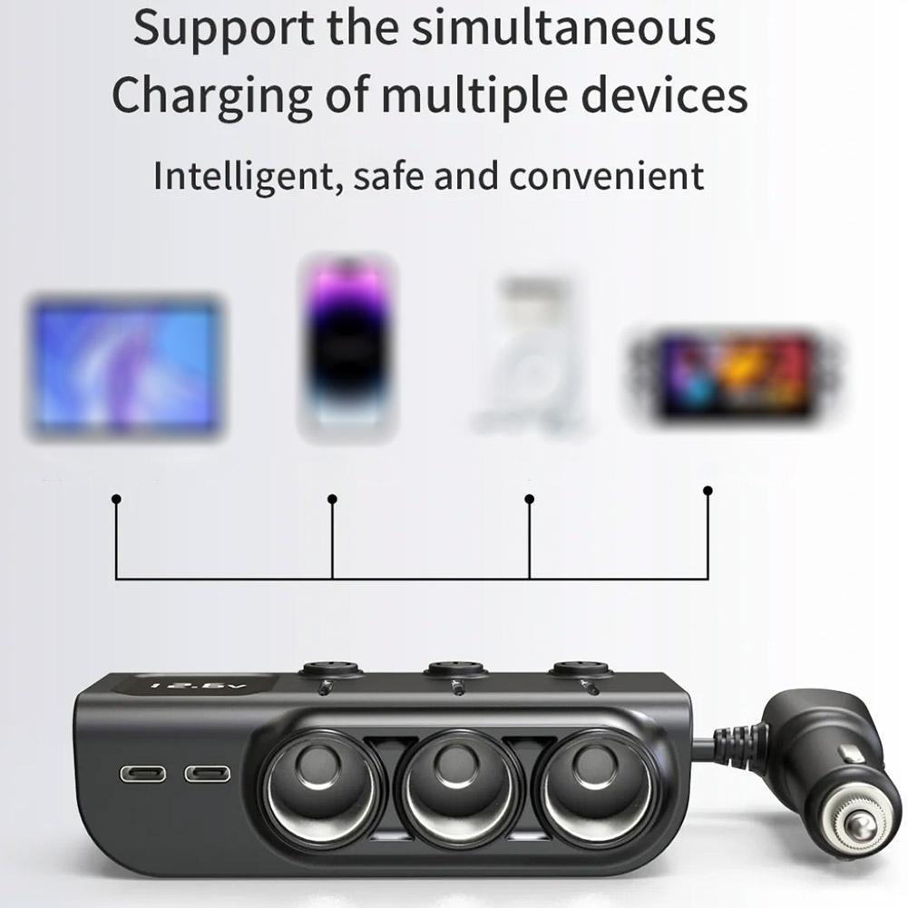 3 In 1 Car Charger Adapter PD 3 Socket Cigarette Lighter Splitter Charge Independent Switches DC Cigarette Outlet