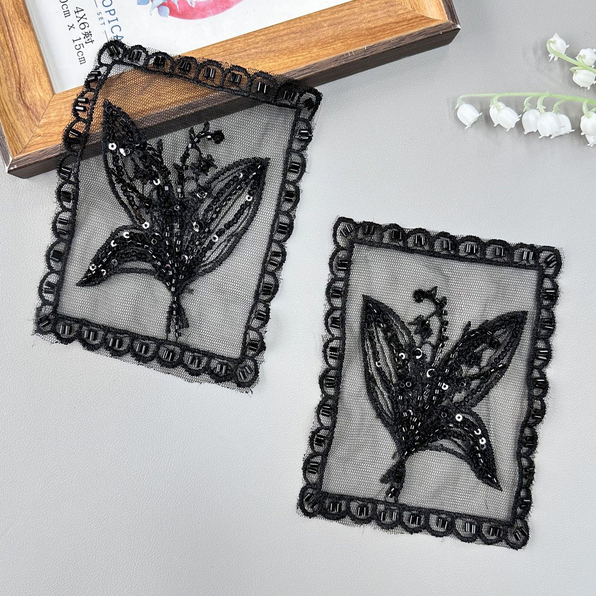 

Mesh Sequined Embroidery Pocket Cloth Sticker Handmade Beads Maple Leaf Flower Decoration Shirt Luggage Top Accessories H6067 black pair