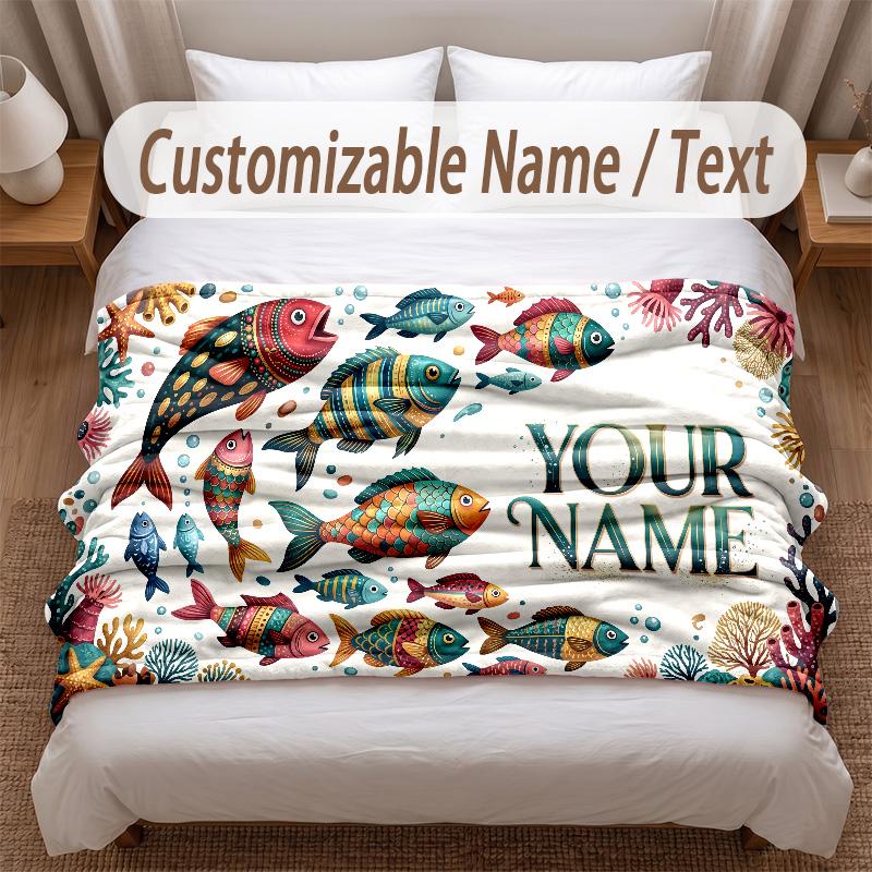 Fish Ocean Theme Soft Blanket Personalized Custom Name Text Print Warm Blanket Home Sofa Bedroom Decor