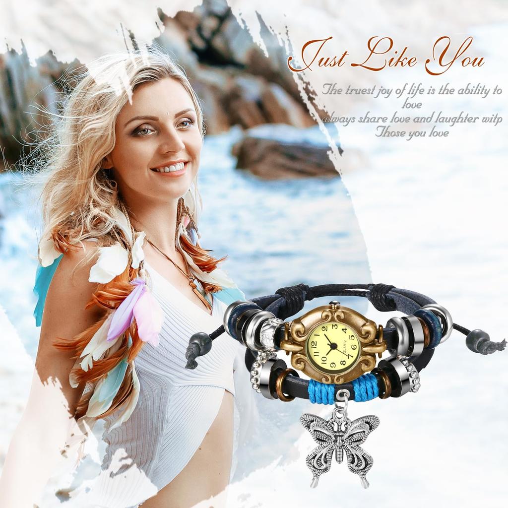 Women's Watch Antique Butterfly Bracelet Watch Multi-wrap Prayer Beads Woven Leather Strap Analog Casual Women's Accessories Birthday Christmas