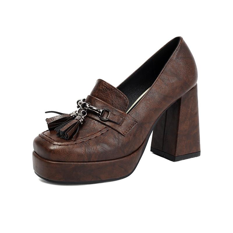 

Women s high-heeled single shoes spring and summer new waterproof table thick heel large size four-season shoes 34 коричневий