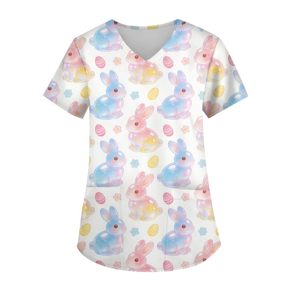Ladies' Easter printed fashionable V-neck pocket short sleeved uniform and caregiver top