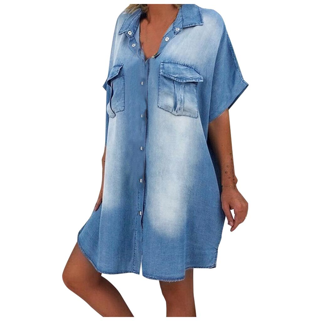 Color Womens Fashion Casual Solid Lapel Singlebreasted Panel Straight Shortsleeve Loose Pocket Shirt Dress