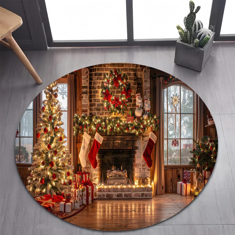 Niedlicher Weihnachtsmann Frohe Weihnachten Baum Cartoon Festival Geschenk Runder Teppich für Schlafzimmer Wohnzimmer Dekoration, Dekor Bodenmatte