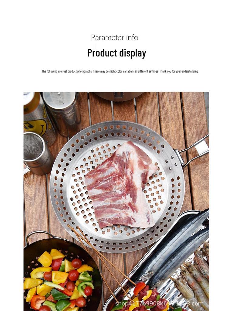 Round Hollow Wooden Handle BBQ Grill Pan for Outdoor Vegetables and Meat