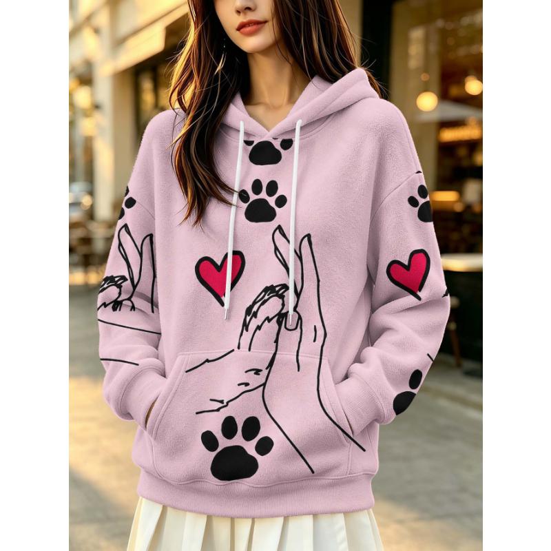 Hooded Sweater Woman Pet Handshake Paw Print Love Print Large Size Loose Autumn and Winter Casual Jumper Hoodie