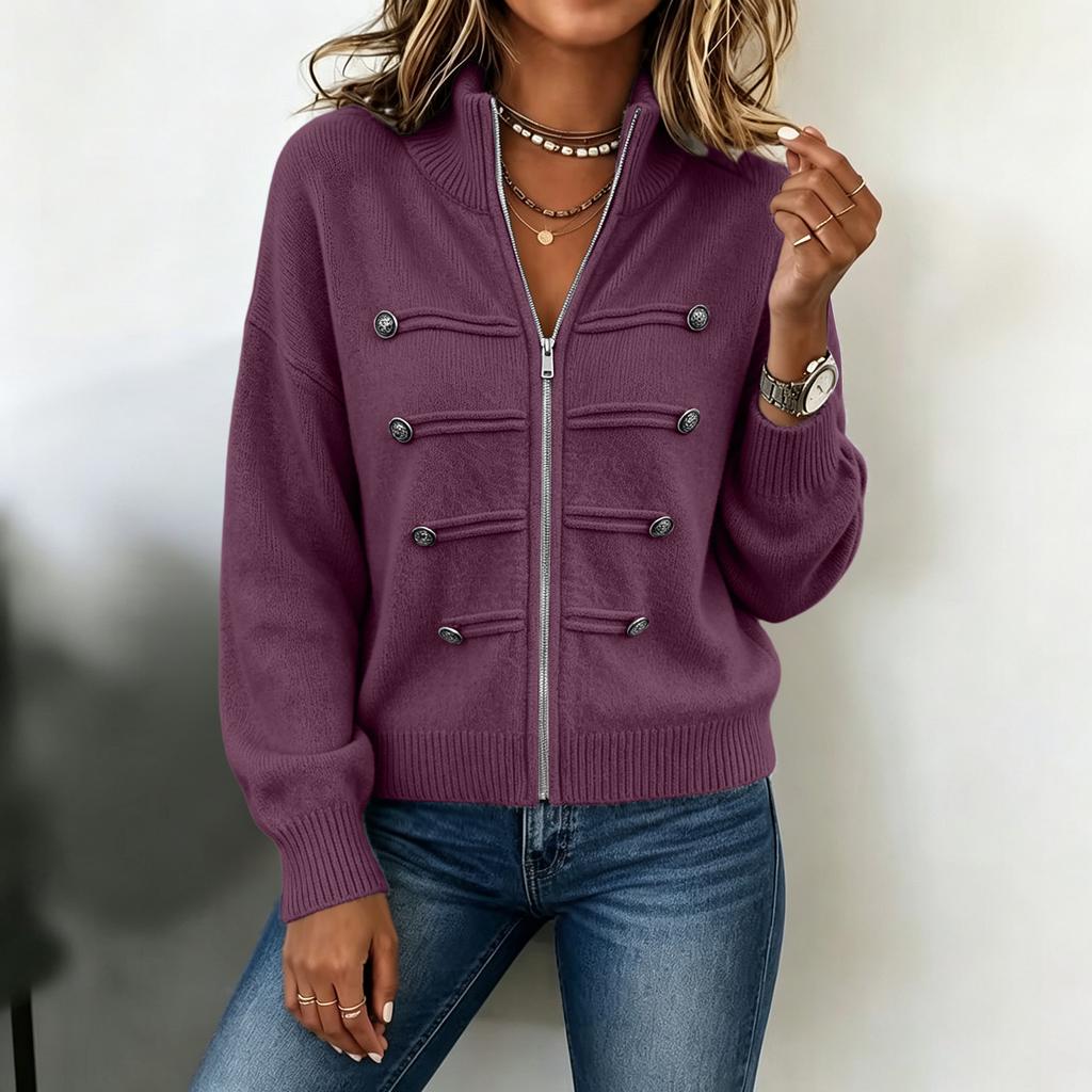 Women's Color Sweater Jacket with Stand Collar and Double Zipper for Casual Wear