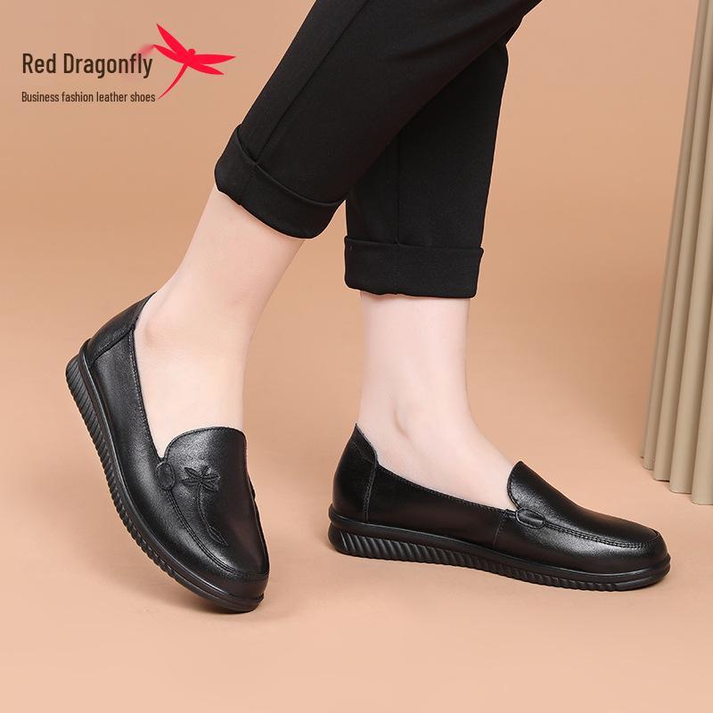 Red Dragonfly Women's Genuine Leather Slip-On Shoes - Comfortable Soft Sole for Spring, Ideal for Middle-Aged & Elderly