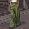 Women Flared Pants Slim High Waist Loose Pockets Faux Leather Elastic Waist Wide Leg Streetwear Solid Color Trousers for Work Leisure Daily Wear