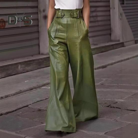 Women Flared Pants Slim High Waist Loose Pockets Faux Leather Elastic Waist Wide Leg Streetwear Solid Color Trousers for Work Leisure Daily Wear