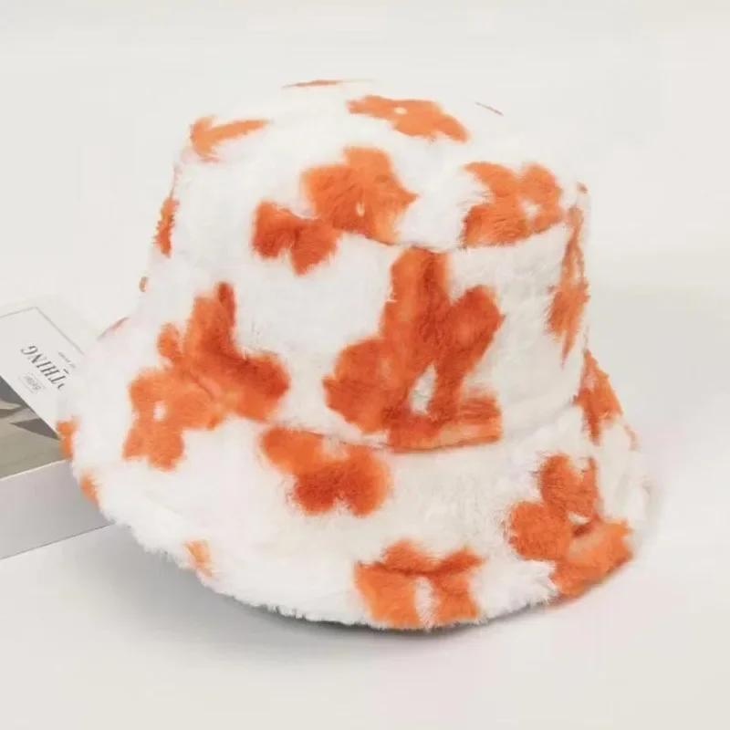 Freizeit Plüsch Niedliche Bucket Caps mit Kleinen Druckblumen,Damen Herbst Winter Sterne Warm Fischerhut Dickes Faux Fur Skullies Mützen