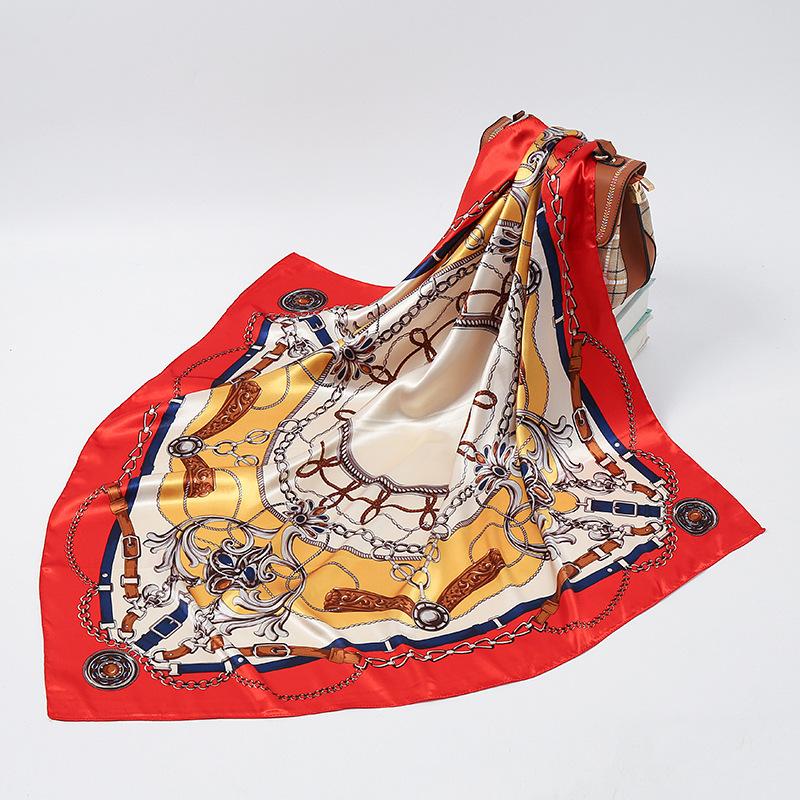 90*90Cm Luxury Chain Silk Square Scarf Woman Bandana Satin Hair Wrap Neckerchief Headband Foulard Hijab Bandana Hair Accessories
