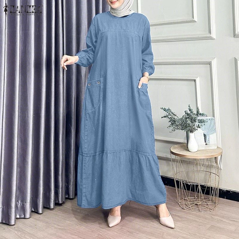 

ZANZEA Women Casual Round Neck Long Sleeve Retro Muslim Dress 5XL світло-синій колір