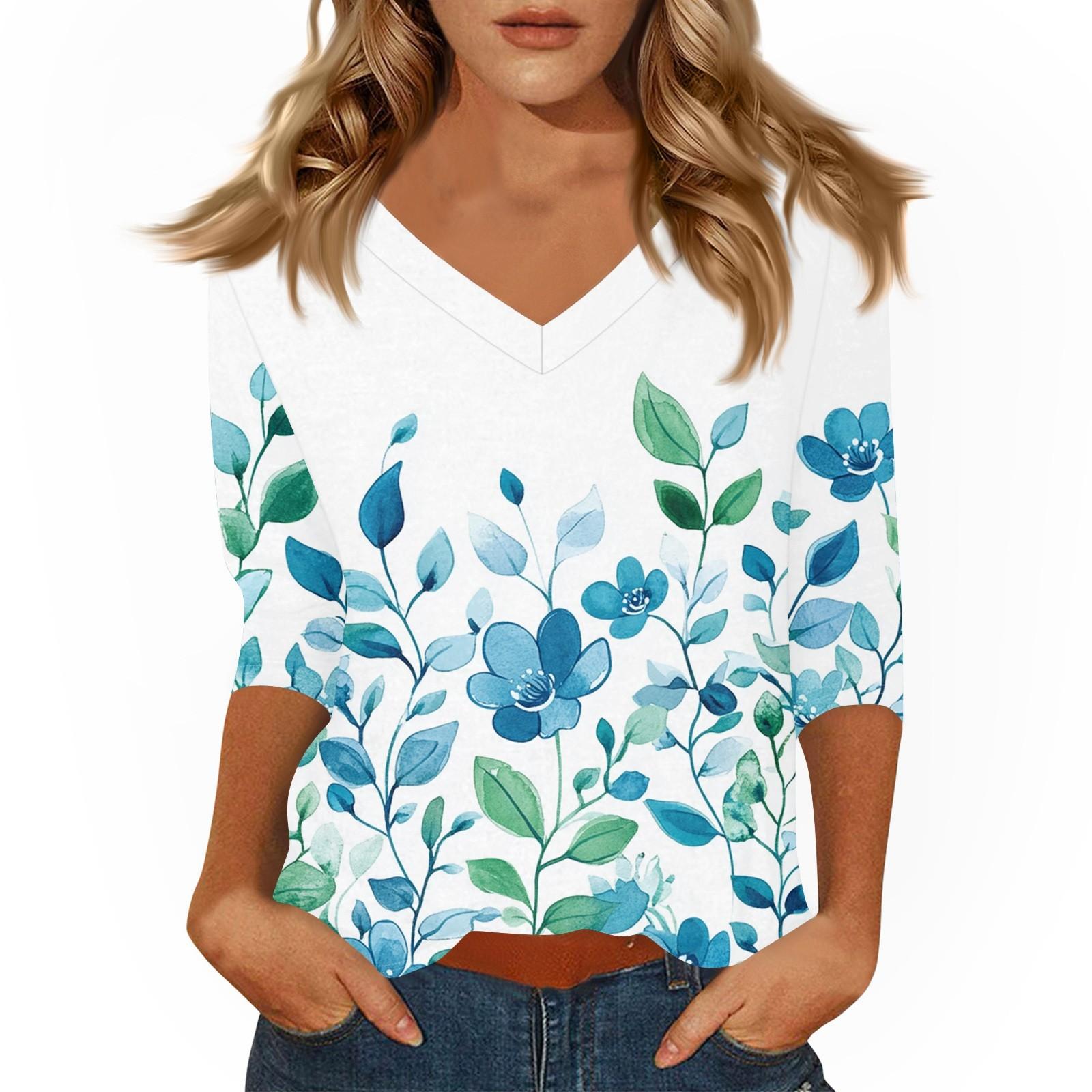 Women s Casual 3/4 Sleeve T-Shirts V-Neck Tops S