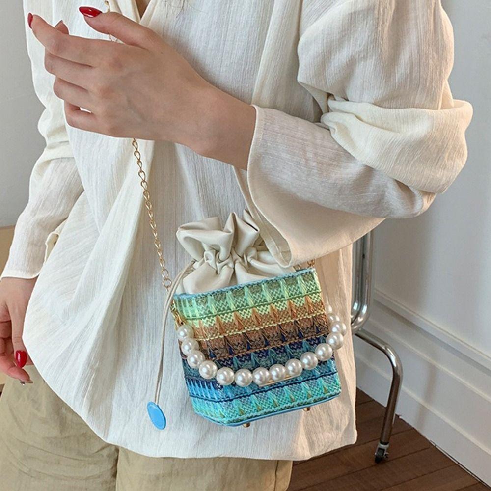 Elegant Straw Shoulder Bag Bohemian Women's Crossbody Bag Chain Messenger Box Bag  Vacation