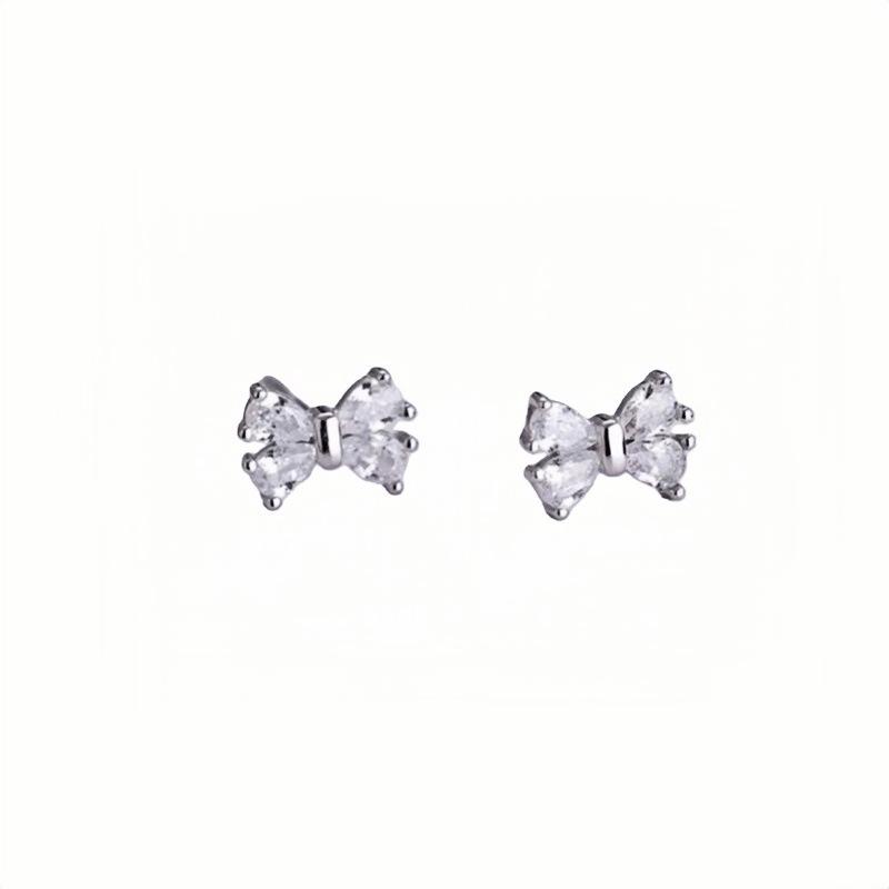 S925 Sterling Silver Bow Ear Cuff Earrings with Four Diamonds - Versatile, Sparkly, and Sweet Mini Jewelry for Women S925 Silver