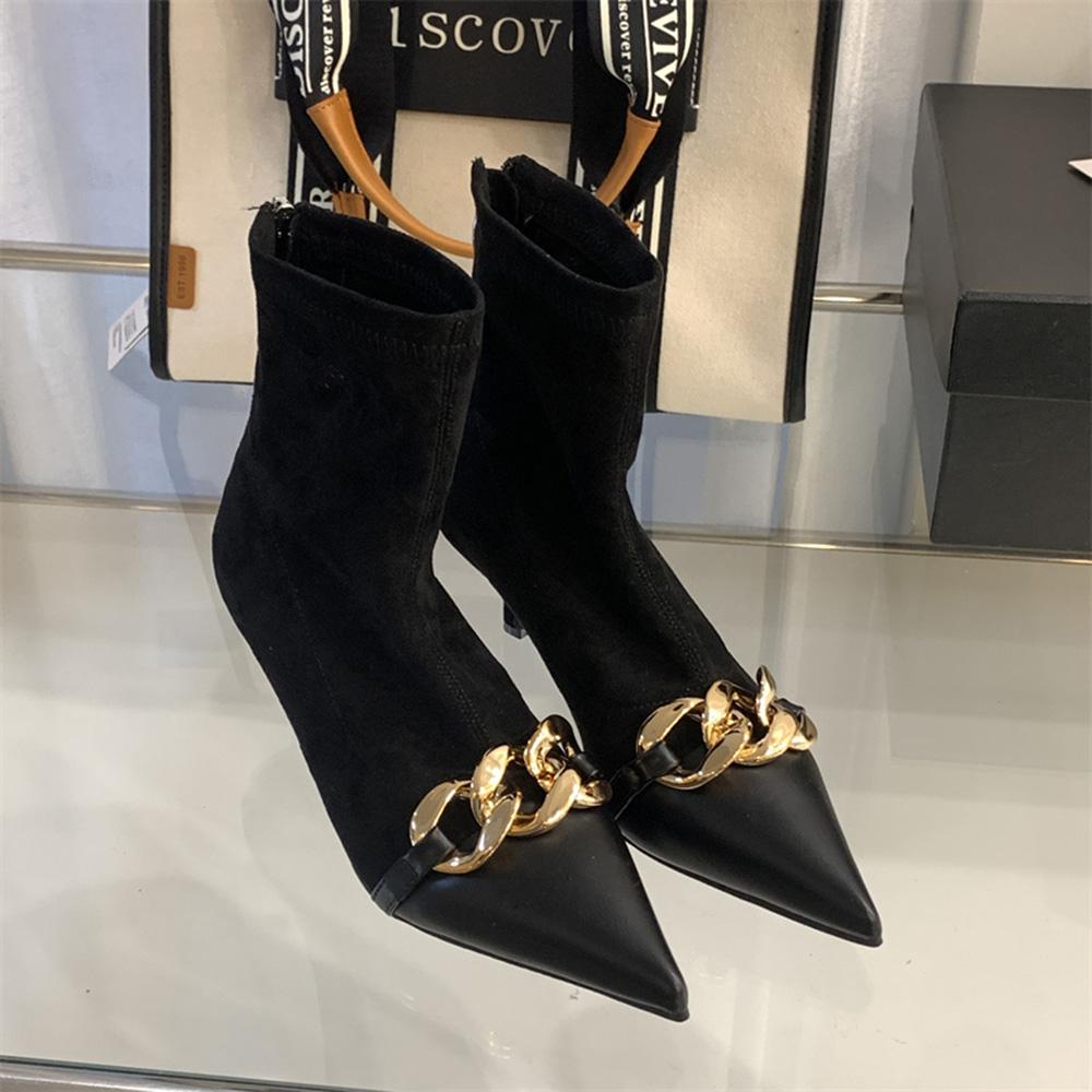 

мода 2024 Нови надходження Жіночі черевики челсі на щиколотці Тонкі середні підбори Металевий ланцюжок Розмір 35-40 Осінь Зима Чоботи-шкарпетки Розмір 35-40 250 чорний