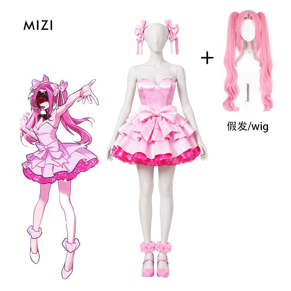 Alien Stage Zombie State Mizi Cosplay Costume Wig Pink Mini Dress Cute Big Bow Glitter Ruffle Skirt Idol Stage Outfit Full Set