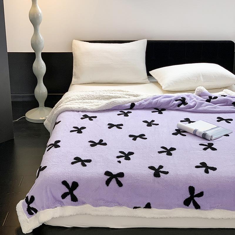 Sweet Ins-style Bow Blanket Thickened Lamb Fleece Home Nap Blanket Sofa Office Desk Autumn Winter