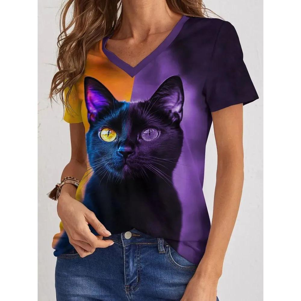 Summer V-neck Cute Cat Pattern 3D Printed Top Fashionable Casual Short Sleeved Women's T-shirts