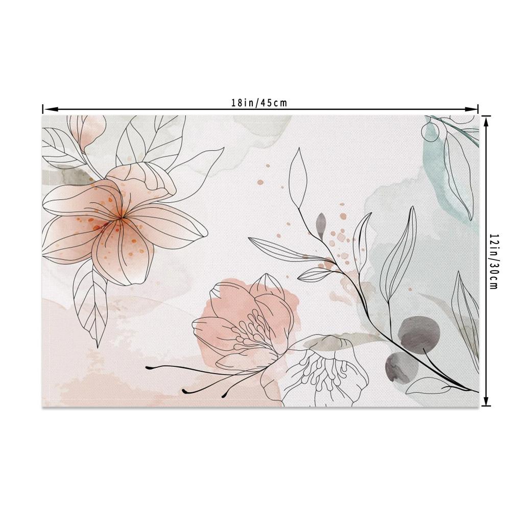 Watercolor Floral Placemats Bohemian Hand Painted Style Soft Pastel Flower Artistic Table Mats for Dining Kitchen Decor Washable