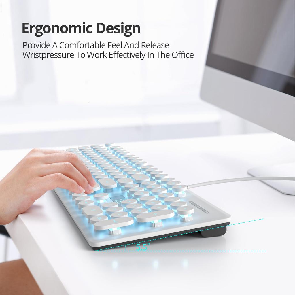 Wired Quiet Membrane Keyboard, Full-Size 104-Key Retro Punk Typewriter White LED Backlit, USB Ultra-Slim Gaming Keyboard with ABS Round Keycaps for