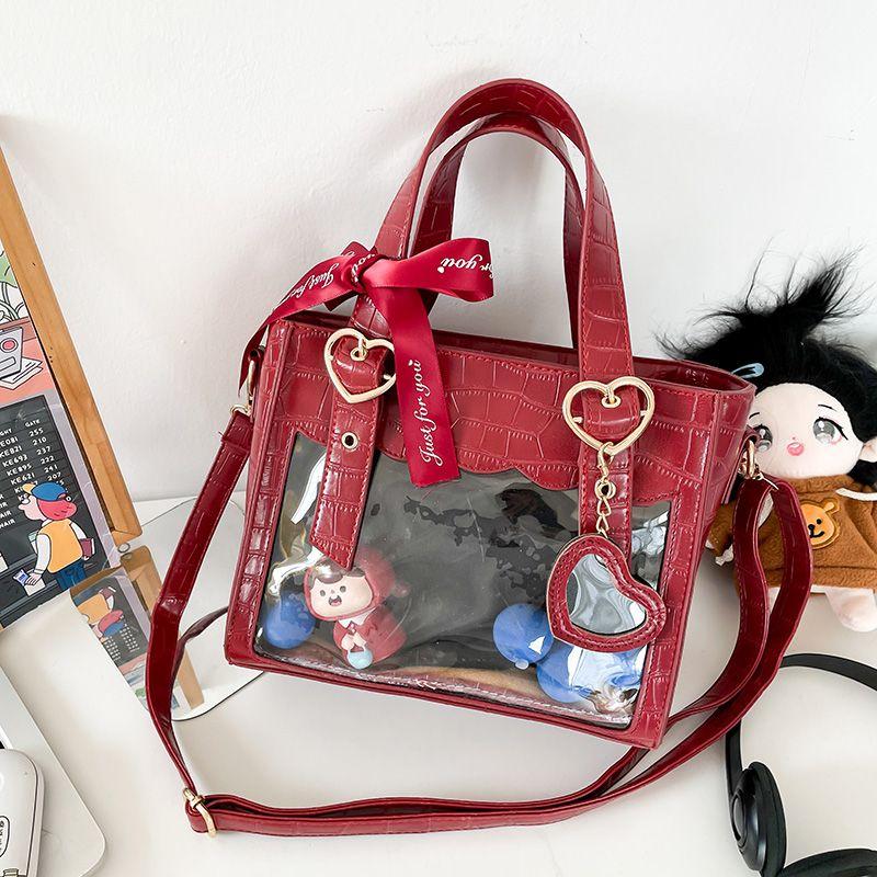 Sweet Cute Laced Bow Heart Charm Ita Bag Women Anime Crocodile Shoulder Bag Ladies Transparent Leather Large Capacity Handbag