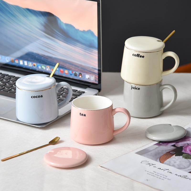 Einfarbiger schlichter Becher mit Deckel und Löffel Trinkbecher Büro Keramiktasse für Jungen Heimgebrauch